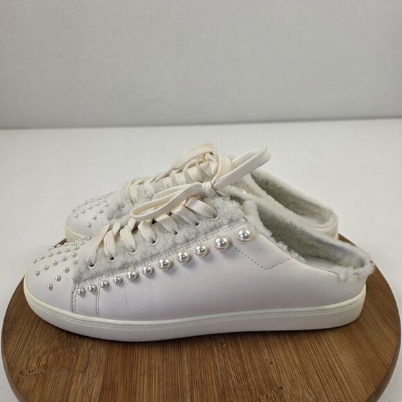 Stuart Weitzman Shoes Womens Size 9 White Pearl Studded Faux Fur Mule Sneakers - Picture 1 of 16